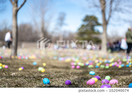 Open field with hundreds of plastic Easter eggs for a kids public hunt. Open field with hundreds of plastic Easter eggs for a kids public hunt. 102040074