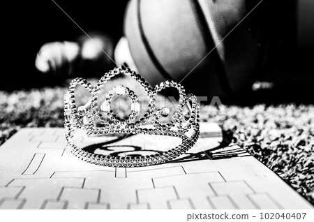 Basketball, tiara, and blank bracket signifying a Cinderella season. Basketball, tiara, and blank bracket signifying a Cinderella season. 102040407