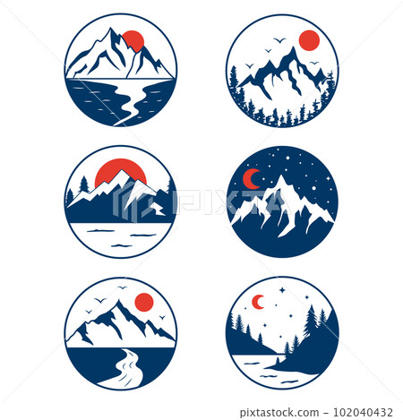 Mountain travel emblems. Camping outdoor emblems, badges and logo patches. Mountain tourism, hiking Mountain travel emblems. Camping outdoor emblems, badges and logo patches. Mountain tourism, hiking 102040432