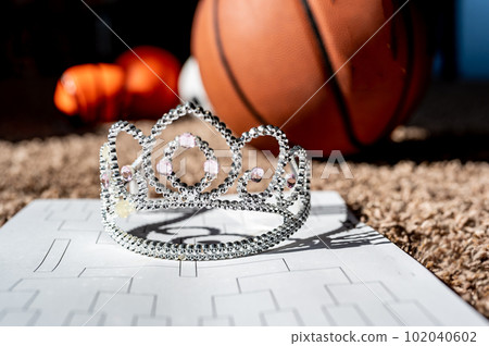Basketball, tiara, and blank bracket signifying a Cinderella season. Basketball, tiara, and blank bracket signifying a Cinderella season. 102040602