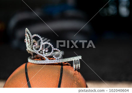 Basketball, tiara, and blank bracket signifying a Cinderella season. 102040604