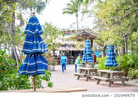Resort area in the morning with picnic tables and shade umbrellas stowed and ready for use. Resort area in the morning with picnic tables and shade umbrellas stowed and ready for use. 102040679