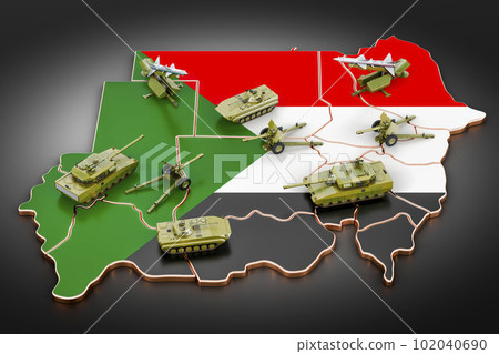 Combat vehicles on Sudanese map. Military defense of Sudan concept, 3D rendering 102040690