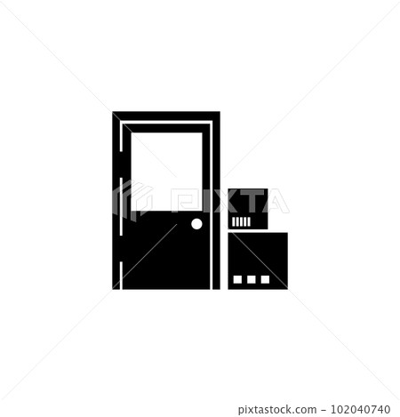 Courier Door Delivery, Package at Home Doorway. Flat Vector Icon illustration. Simple black symbol on white background. Courier Box Door Delivery sign design template for web and mobile UI element. Courier Door Delivery, Package at Home Doorway. Flat Vector Icon illustration. Simple black symbol on white background. Courier Box Door Delivery sign design template for web and mobile UI element. 102040740