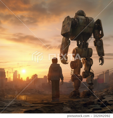 Robot and man on the ruins of the destroyed city made with generative AI 102042092