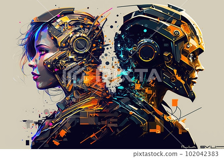 Cyber communications design concept, woman and robot made with generative AI 102042383