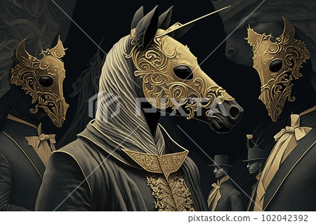 Surreal art black horses in golden masks made with generative AI 102042392