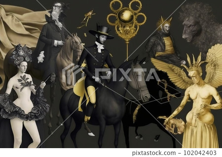 A men riding a horses in the style of surrealism made with generative AI 102042403