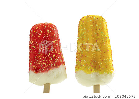 Assortment of fruit sweet popsicles isolated on a white background, summer dessert ice creams, ice lollies, colorful candy 102042575