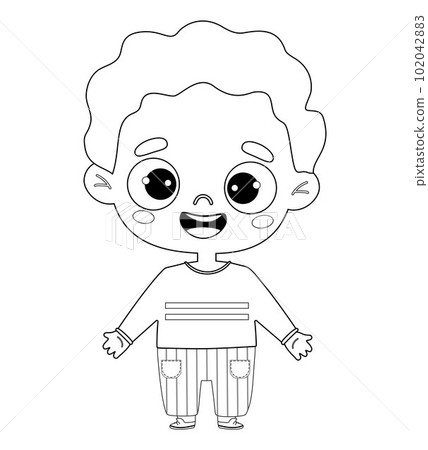 Cute smiling boy. Outline drawing coloring book. Vector illustration. Childrens collection. Isolated funny kid on white background. Cute smiling boy. Outline drawing coloring book. Vector illustration. Childrens collection. Isolated funny kid on white background. 102042883