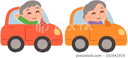 A smiling elderly man and an elderly woman in a car A smiling elderly man and an elderly woman in a car 102042919
