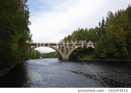 arched bridge over a wide river surrounded by autumn forest 102043618