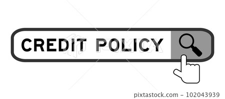 Search banner in word credit policy with hand over magnifier icon on white background Search banner in word credit policy with hand over magnifier icon on white background 102043939