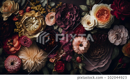 Dark moody floral roses peonies flowers background Dark moody floral roses peonies flowers background 102044923