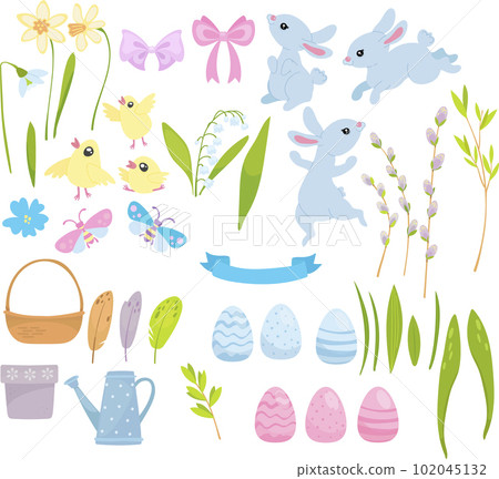 Happy Easter vector set. Cute blue bunnies and chickens, easter eggs, eggs, watering can, basket, willow, feathers and flowers white background. Hand drawn flat cartoon elements. Happy Easter vector set. Cute blue bunnies and chickens, easter eggs, eggs, watering can, basket, willow, feathers and flowers white background. Hand drawn flat cartoon elements. 102045132