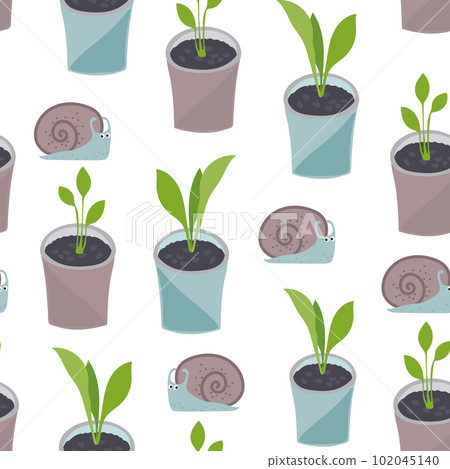 home flowers in pots and doodle snails. seamless vector pattern home flowers in pots and doodle snails. seamless vector pattern 102045140