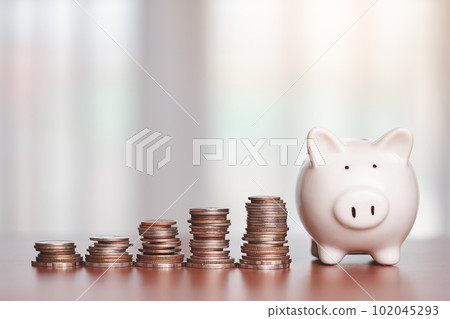 Saving piggy bank with step of money coins on the wooden table Saving piggy bank with step of money coins on the wooden table 102045293