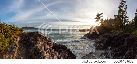 Rocky Shore on West Coast of Pacific Ocean in Tofino. Nature Background Rocky Shore on West Coast of Pacific Ocean in Tofino. Nature Background 102045692