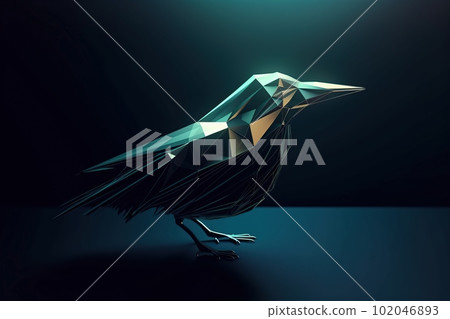 Futuristic glowing low poly flying bird, hummingbird isolated on dark background made with generative AI 102046893