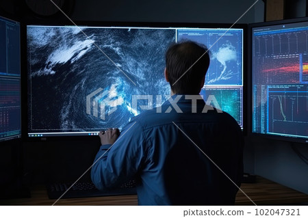 Meteorologist monitoring weather forecast at monitor screen. Generative AI 102047321