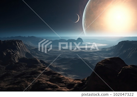 Surface of unknown planet with craters and mountains. Generative AI 102047322