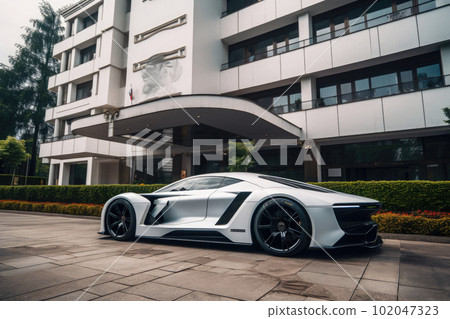 Modern sportcar parking near luxury hotel. Generative AI 102047323