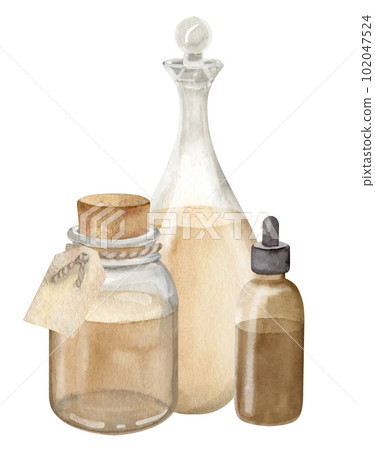 Glass Bottles and decanter with essential oil for aromatherapy and pharmacy. Hand drawn watercolor illustrations of vintage flacons on isolated background. Drawing of natural cosmetic or medicine. 102047524