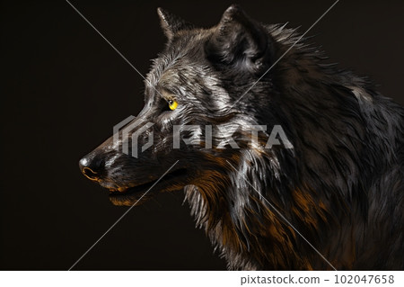 Image of a black wolf in golden light made with generative AI 102047658
