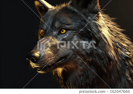 Image of a black wolf in golden light made with generative AI 102047660
