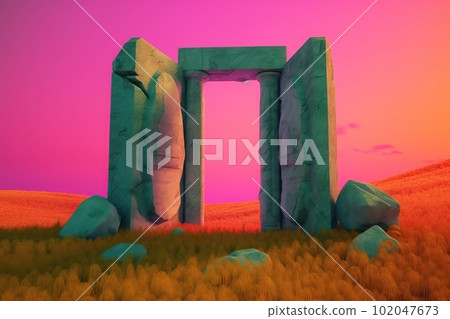Stone arch in the background of the landscape made with generative AI Stone arch in the background of the landscape made with generative AI 102047673