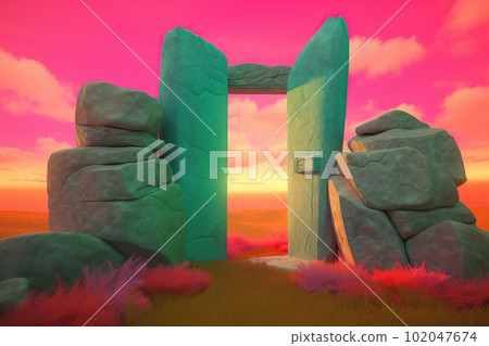 Stone arch in the background of the landscape made with generative AI Stone arch in the background of the landscape made with generative AI 102047674