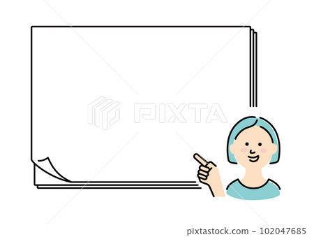 Bob hair woman explaining in front of big paper Bob hair woman explaining in front of big paper 102047685