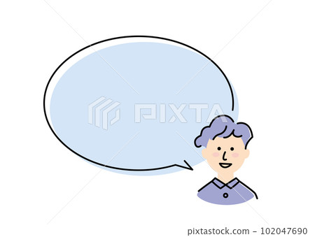 A boy with a perm talking with a big speech bubble and a smile 102047690