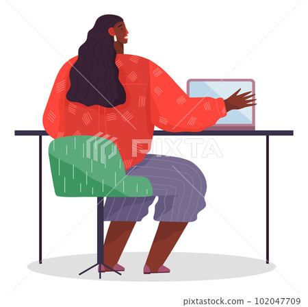 Workplace of african woman with laptop, office worker at table with modern device, businesswoman Workplace of african woman with laptop, office worker at table with modern device, businesswoman 102047709