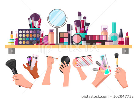Set of visagiste cosmetics, hands with equipment, tools, collection of make-up instruments, products 102047732