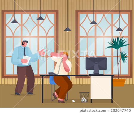 Conflict of boss and worker, unorganized office worker panic, angry boss man holding document swear 102047740