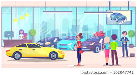 Car center, woman customer buyer choosing automobile in car store, clients talking with manager 102047741