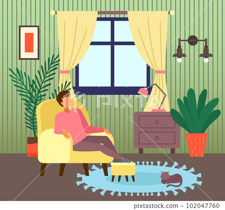 Man sitting at armchair in living room near window, guy enjoy leisure time, like spend time at home 102047760