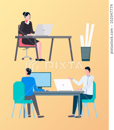 Businessman and Woman Working in Office by Laptops Businessman and Woman Working in Office by Laptops 102047774