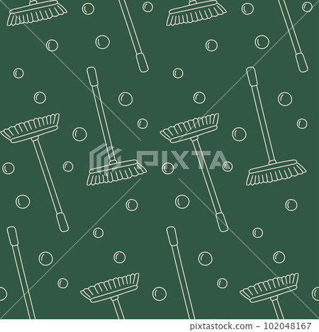 Seamless pattern with a mop and bubbles on a green background. Home care, floor cleaning. Vector illustration in doodle style. Seamless pattern with a mop and bubbles on a green background. Home care, floor cleaning. Vector illustration in doodle style. 102048167