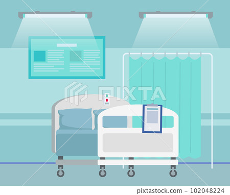 Interior of hospital ward without people, bed with diagnosis at clipboard and folding screen near Interior of hospital ward without people, bed with diagnosis at clipboard and folding screen near 102048224