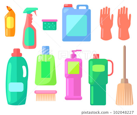 Collection of cleaning washing tools or equipment, household, tidy, clean, plastic bottles Collection of cleaning washing tools or equipment, household, tidy, clean, plastic bottles 102048227