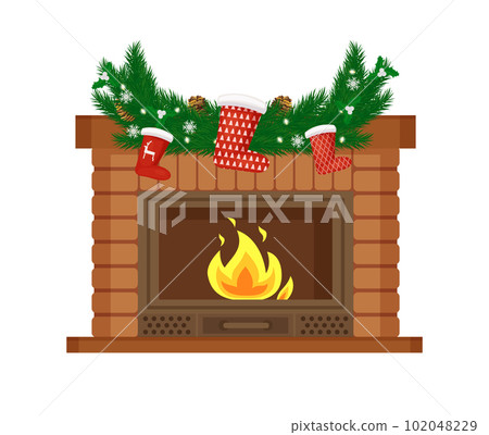 Fireplace Decorated for Christmas Holiday Branches Fireplace Decorated for Christmas Holiday Branches 102048229
