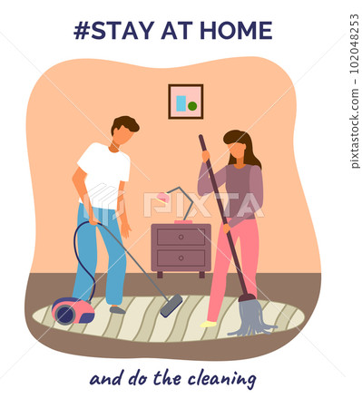 Stay at home and do the cleaning, young couple washing, cleaning, sweeping floor, stop be lazy Stay at home and do the cleaning, young couple washing, cleaning, sweeping floor, stop be lazy 102048253
