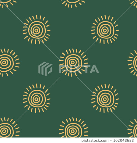 Seamless pattern with abstract sun on green background. Vector illustration in doodle style. Seamless pattern with abstract sun on green background. Vector illustration in doodle style. 102048688