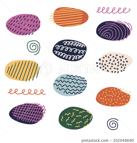 A set of multicolored spots with different textures, shapes, springs. Abstract elements in the doodle style for design. Vector illustration isolated on a white background. A set of multicolored spots with different textures, shapes, springs. Abstract elements in the doodle style for design. Vector illustration isolated on a white background. 102048690