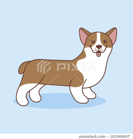 Vector cartoon illustration of a corgi dog. The dog stands with his tongue sticking out, isolated on a blue background. Pets, animals, dog-themed design element in a simple flat style Vector cartoon illustration of a corgi dog. The dog stands with his tongue sticking out, isolated on a blue background. Pets, animals, dog-themed design element in a simple flat style 102049047