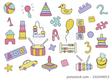 Vector set of children's educational toys in the doodle style. Vector set of children's educational toys in the doodle style. 102049053