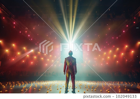 Fictional clown on stage under spotlights made with generative AI Fictional clown on stage under spotlights made with generative AI 102049133