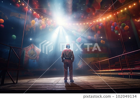 Fictional clown on stage under spotlights made with generative AI 102049134